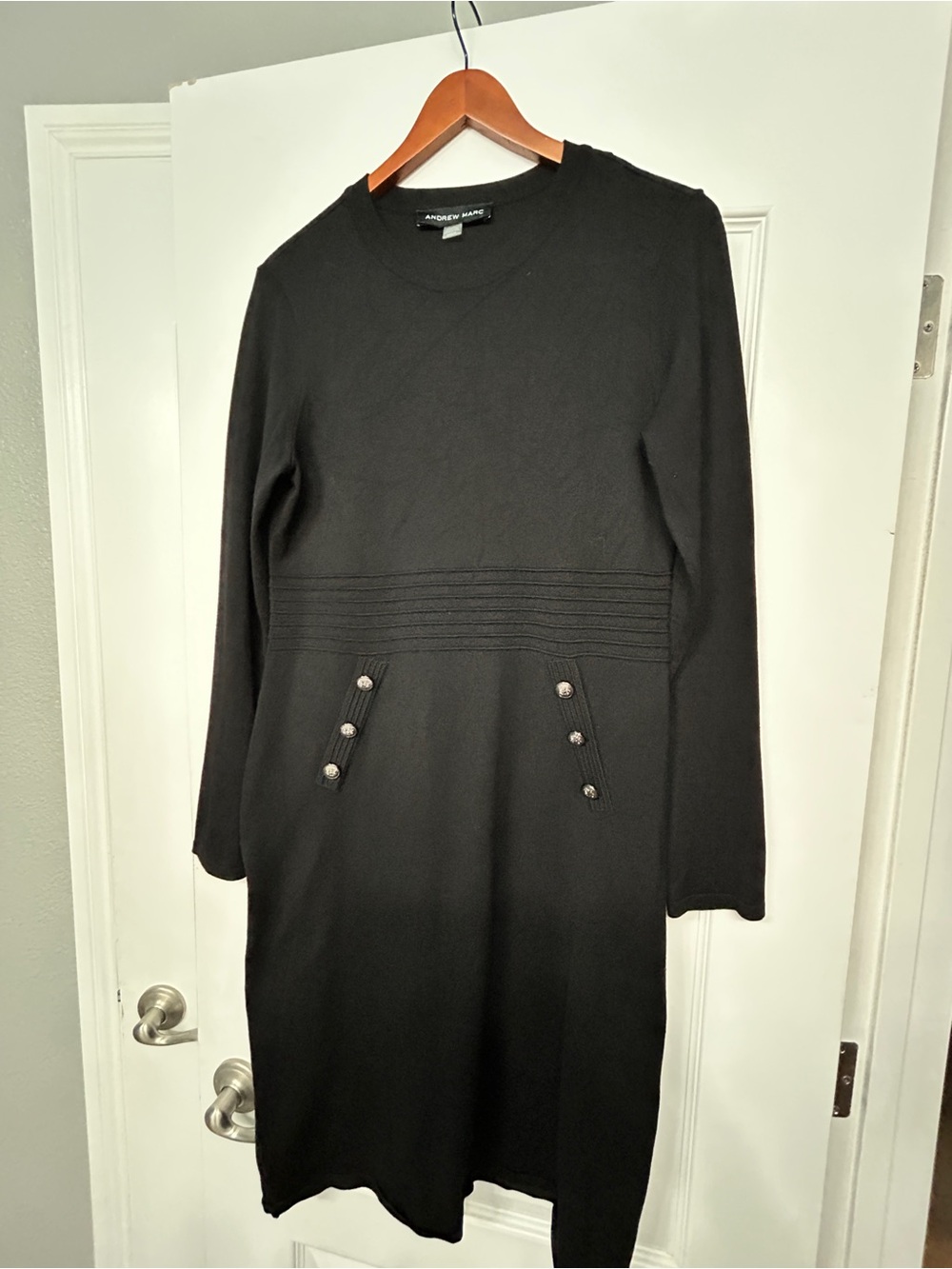Andrew Marc Black Long-Sleeve Knit Dress with Button Accents size M
